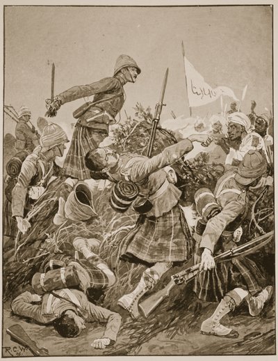 Seaforth Highlanders hyökkäämässä zarebaa vastaan Atbaran taistelussa, esimerkki teoksesta "Battles of the Nineteenth Century", osa. V: Kampanjat 90-luvulla, kirjoittanut A. Hilliard Atteridge tekijältä Richard Caton Woodville