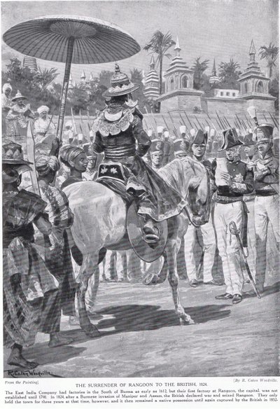Rangoonin antautuminen briteille, 1824, kuvitus teoksesta "Hutchinson