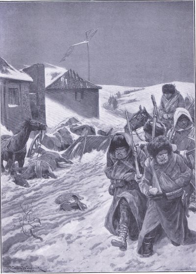 Loputon marssi itään: Tuttu näky matkalla, kuvitus Cassellsin Venäjän ja Japanin sodan historiasta Vol 1, n. 1900 tekijältä Richard Caton Woodville