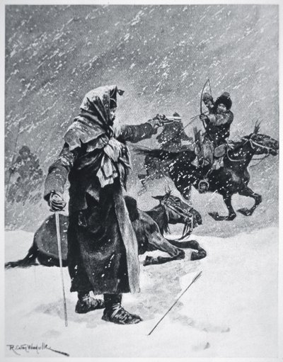 Turkkilais-baškiiri-kasakkajousimiehet ahdistelivat ja vainosivat Napoleonin armeijan vetäytymistä Venäjältä vuonna 1812 (väri litho) tekijältä Richard Caton Woodville