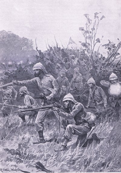 Brittijoukkojen eteneminen Ashantin kampanjassa 1873, kuva brittiläisistä taisteluista maalla ja merellä, 1915 tekijältä Richard Caton Woodville junior