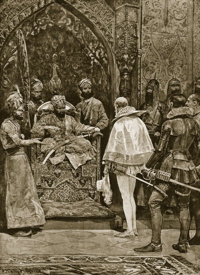 Varhainen Englannin suurlähetystö Intiassa, 1599, kuvitus teoksesta "Hutchinson