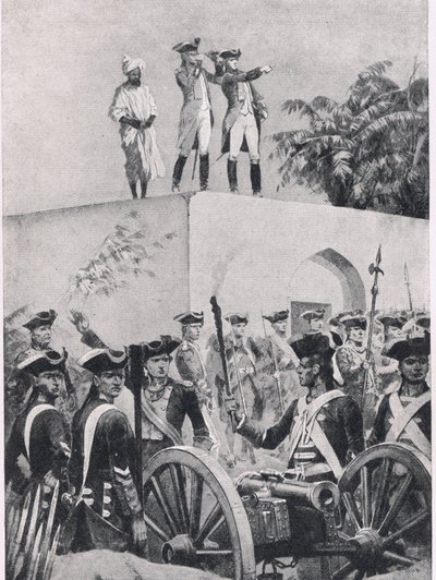 Plasseyn taistelu, 23. kesäkuuta 1757: Clive Nawab Surat-ud-Daulah -metsästysmajan katolla, kuva brittiläisistä taisteluista maalla ja merellä, 1915 tekijältä Richard Caton Woodville junior