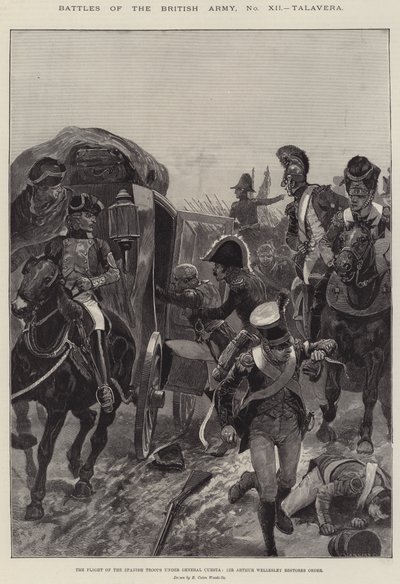 Brittiarmeijan taistelut, Talavera, espanjalaisten joukkojen lento kenraali Cuestan johdolla, Sir Arthur Wellesley palauttaa järjestyksen tekijältä Richard Caton Woodville junior