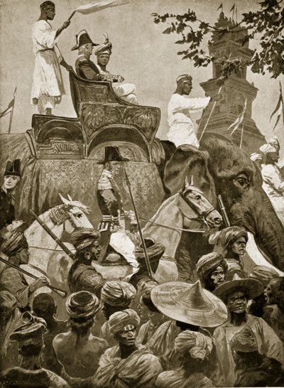 Brittijoukot saapuvat Singaporeen, 1824, kuvitus teoksesta "Hutchinsonin tarina brittiläisestä kansasta", n. 1923 tekijältä Richard Caton Woodville junior