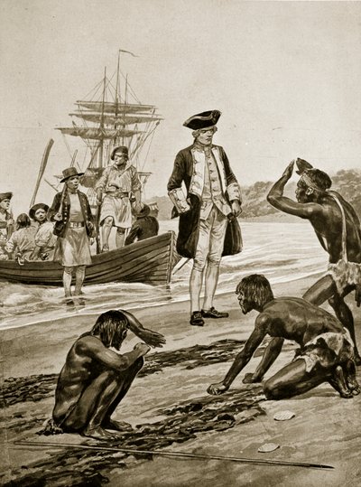 Kapteeni Cook laskeutui Tasmaniaan, 1777, kuva "Hutchinsonin tarinasta brittiläisestä kansasta", n. 1923 tekijältä Richard Caton Woodville junior