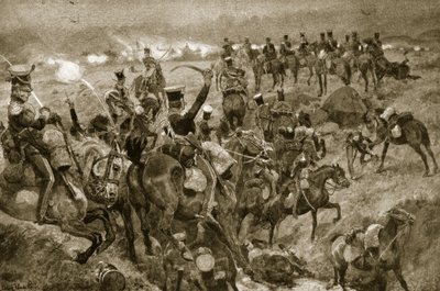 Dragoons at Talavera, kuvitus "Hutchinsonin tarinasta brittiläisestä kansasta", n. 1923 tekijältä Richard Caton Woodville junior
