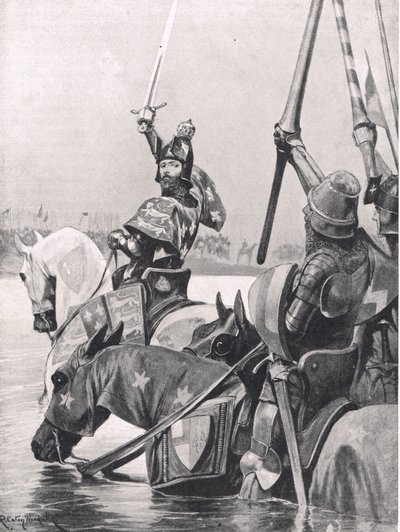 Edward III ylittää Sommen ennen Crecyn taistelua, kuvitus teoksesta "British Battles on Land and Sea", Cassell, Lontoo, n. 1910. tekijältä Richard Caton Woodville junior