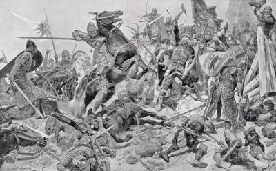 Haroldin (n. 1022-66) Last Stand, piirros "British Battles on Land and Sea" -julkaisusta, toimittanut Sir Evelyn Wood (1838-1919), julkaistu ensimmäisen kerran 1915 tekijältä Richard Caton Woodville junior