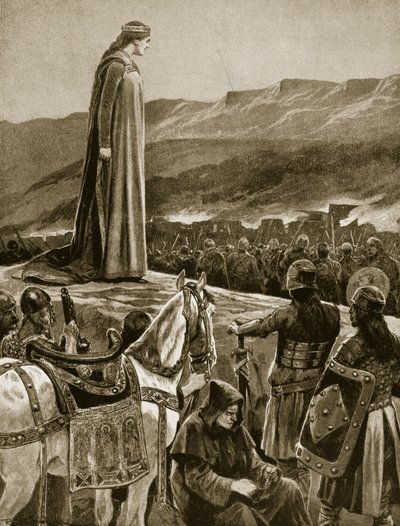 Kuningatar Ethelfled katsomassa Breconin myrskyä, kuvitus "Hutchinsonin tarinasta brittiläisestä kansasta", n. 1920 tekijältä Richard Caton Woodville junior