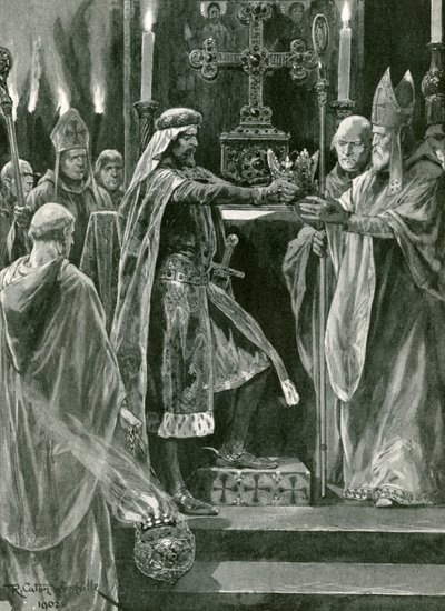 Richard I luovuttamassa kruunun arkkipiispalle ennen kruunausta tekijältä Richard Caton Woodville junior