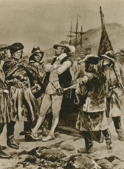 Sir Humphrey Gilbert vaatii Newfoundlandia Englannille (syväpaino) tekijältä Richard Caton Woodville junior