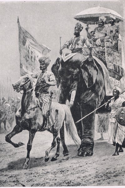 Siraj-ud-Daulah Plasseyssa, 23. kesäkuuta 1757, kuva brittiläisistä taisteluista maalla ja merellä, 1915 tekijältä Richard Caton Woodville junior
