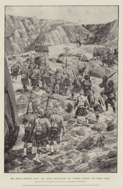 Indian Frontier Rising, Gordon Highlanders ja gurkhat hyökkäävät Dargain harjulle tekijältä Richard Caton Woodville junior