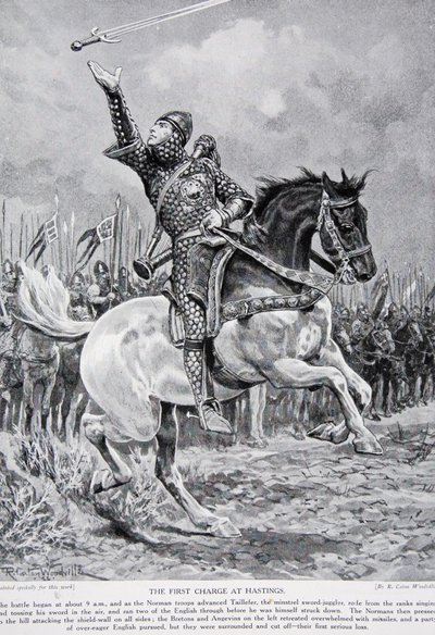 Ensimmäinen hyökkäys Hastingsissa: Miekkajonglööri Taillefer ratsasti riveistä laulaen ja heittäen miekkansa ilmaan, 1066, kuvitus teoksesta "Hutchinson