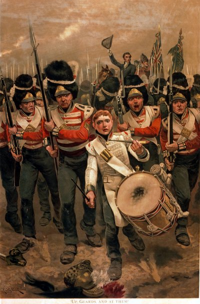 "Ylös, vartijat ja heillä!", joka julkaistiin Holly Leavesin liitteenä Illustrated Sporting and Dramatic News -lehden joulunumerossa, 1899. tekijältä Richard Caton Woodville junior