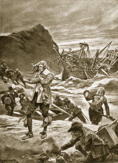 Haaksirikkoutunut Bermudoille, 1609, kuvitus teoksesta "Hutchinson