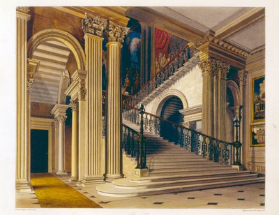 Stair Case, Buckingham House, teoksesta "The History of the Royal Residences", kaiverrus William James Bennett (1787-1844), William Henry Pyne (1769-1843), 1819 tekijältä Richard Cattermole