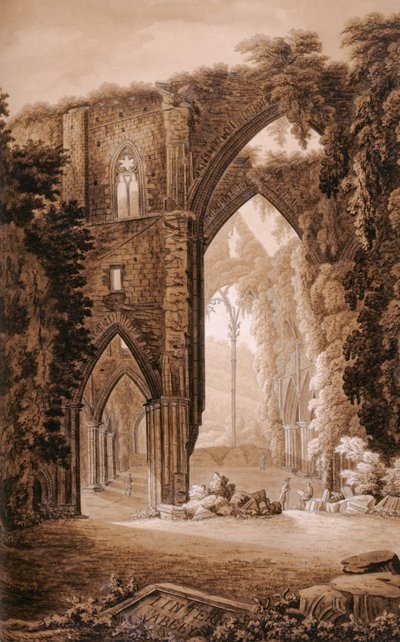 Tintern Abbey, William Coxen "Historialisesta kiertueesta Monmouthshiren läpi", painanut T. Cadell, 1801 (wc-kynä ja muste ja grafiitti paperille) tekijältä Richard Colt Hoare