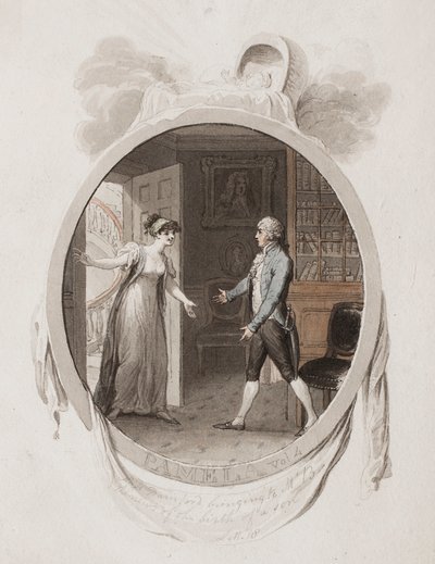 Neiti Darnford tuo herra B:lle uutisen pojan Lettin syntymästä. 18, kuvitus vuoden 1802 painokselle "Pamela; tai, Hyve palkitaan