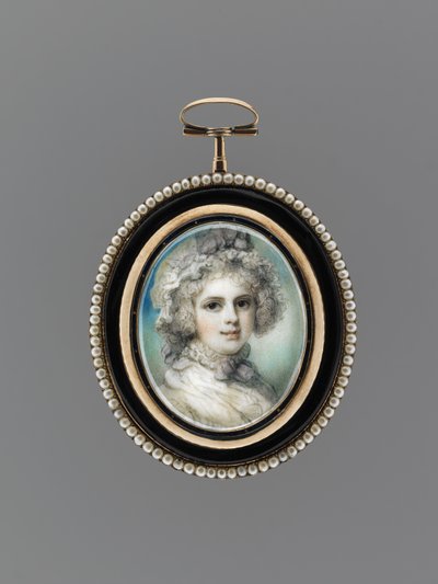 Naisen muotokuva, n. 1785 (akvarelli norsunluun, 9k ruusukulta, siemenhelmiä, emali ja lasi) tekijältä Richard Cosway