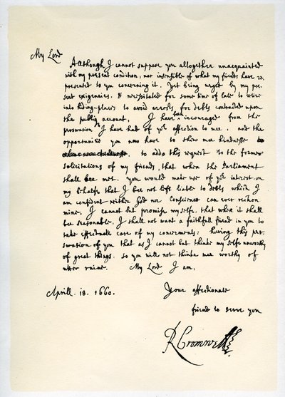 Lord Protectorin Richard Cromwellin kirje kenraali George Monckille, 18. huhtikuuta 1660. tekijältä Richard Cromwell