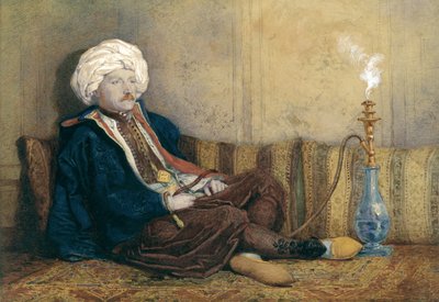 Muotokuva Sir Thomas Philipsistä itämaisessa asussa, makuuasennossa vesipiippujen kanssa (wc korotettu valkoisella paperilla) tekijältä Richard Dadd