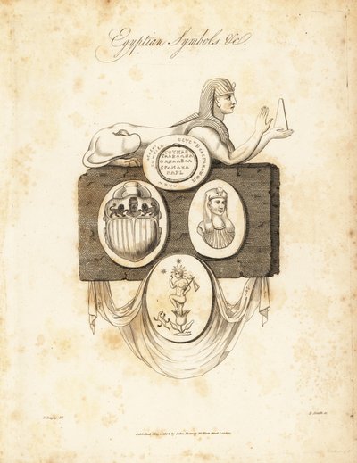 Egyptin sfinksi, skarabekuoriainen, Horus jne., 1823 (kaiverrus) tekijältä Richard Dagley
