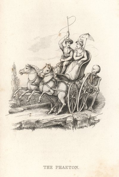 Kuoleman ja Phaetonin luuranko. ,1827 (kaiverrus) tekijältä Richard Dagley