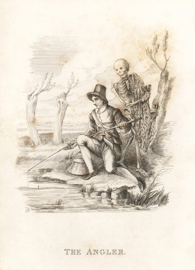 Kuoleman ja kalastajan luuranko. ,1827 (kaiverrus) tekijältä Richard Dagley