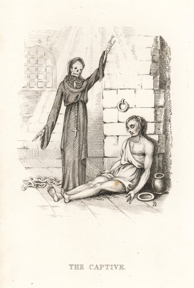 Kuoleman ja vangin luuranko. ,1827 (kaiverrus) tekijältä Richard Dagley