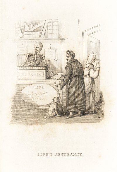 Kuoleman luuranko vakuutustoimistossa. ,1827 (kaiverrus) tekijältä Richard Dagley