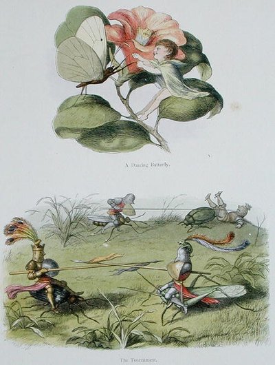 Tanssiva perhonen ja Turnaus, kuvituksia William Allinghamin ja Andrew Langin teoksesta "In Fairyland: A Series of Pictures from the Elf-World" (värilitho) tekijältä Richard Doyle
