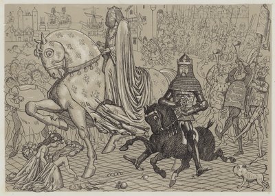 Edward Musta prinssi vankina Ranskan kuningas Johnin kanssa saapumassa Lontooseen (akvatinta) tekijältä Richard Doyle