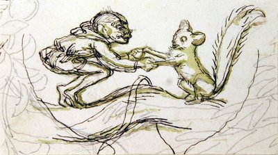 Peikko ja orava (kynä, lyijykynä ja wash paperille) tekijältä Richard Doyle