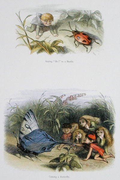 Sanoen "Bo!" to a Beetle, ja Teasing a Butterfly, kuvitukset William Allinghamin ja Andrew Langin julkaisusta "In Fairyland: A Series of Pictures from the Elf-World" (värilitho) tekijältä Richard Doyle