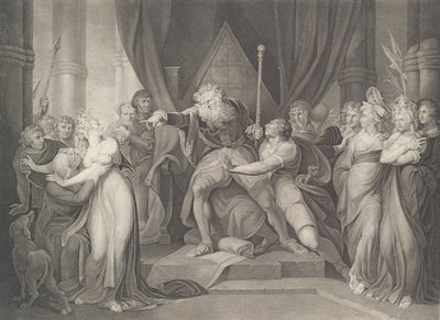 Kuningas Lear heittää pois tyttärensä Cordelia Shakespearen, K..., julkaistu ensimmäisen kerran 1792, julkaistu uudelleen 1852. tekijältä Richard Earlom