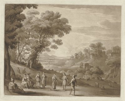 Maisema tanssivien hahmojen kanssa Printtejä Claude Lorrainin piirustusten jälkeen (sarjan nimi) Liber Veritatis (sarjan nimi) tekijältä Richard Earlom