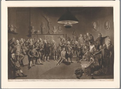 Kuninkaallisen akatemian jäseniä sisätiloissa alaston miesmallin kanssa, 1768 Kuninkaallinen taideakatemia, jonka kuningas perusti vuonna 1768 (otsikko esineessä) tekijältä Richard Earlom