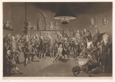Kuninkaallisen akatemian jäseniä sisätiloissa alaston miesmallin kanssa, 1768 tekijältä Richard Earlom