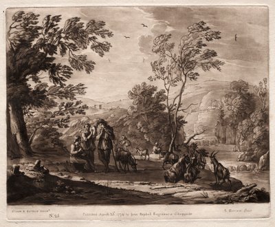 Liber Veritatis: Nro 25, Vuoristoinen ja metsäinen maisema paimenten kanssa..., 1774. tekijältä Richard Earlom