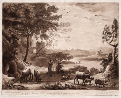 Liber Veritatis: Nro 42, Jokimaisema paimenen ja paimentaren kanssa..., 1774. tekijältä Richard Earlom