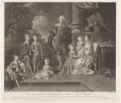 Ison-Britannian kuninkaan George III:n ja hänen perheensä muotokuva Heidän pyhimmät Majesteettinsa George IIId ja kuningatar Charlotte (nimi esineessä) tekijältä Richard Earlom