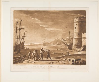 Merisatama, jossa merimiehet lastaavat tavaroita, 1774. tekijältä Richard Earlom