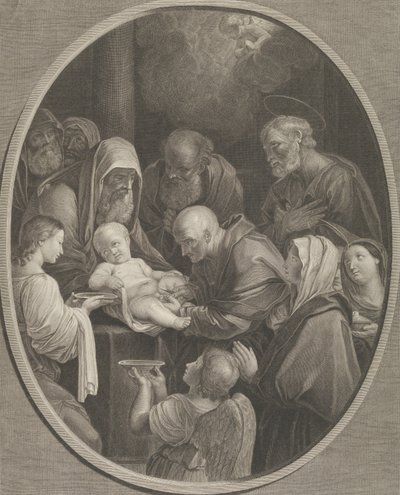 Kristuksen ympärileikkaus, joukko miehiä ja naisia, jotka ympäröivät häntä, enkeli edessä..., 1765 tekijältä Richard Earlom