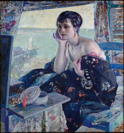 Nainen ikkunan luona (öljy paneelissa) tekijältä Richard Emil Miller