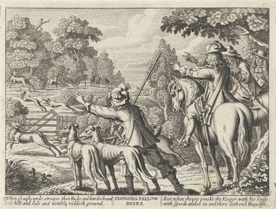 Herten gejaagd door jachthonden Coursing Fallow Deere (otsikko esineessä) Jacht Partijen (sarjan nimi) Useita metsästys-, hawking- ja kalastustapoja englannin kielen mukaan (sarjan nimi) tekijältä Richard Gaywood (possibly)