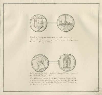Lichfield – Lichfieldin katedraalin ja kaupungin aseiden mitalit ja Richard Greenen muotokuva: kynäpiirros, nd [1800-luvun alku] (piirustus) tekijältä Richard Greene