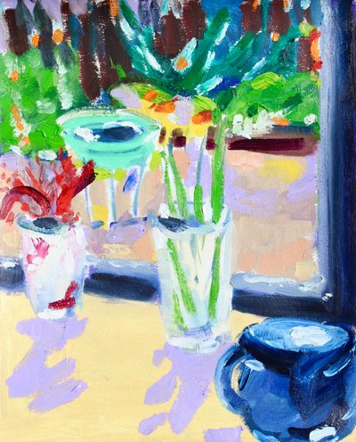 Still Life with Bird Bath, 2021 (öljy paperille) tekijältä Richard H. Fox