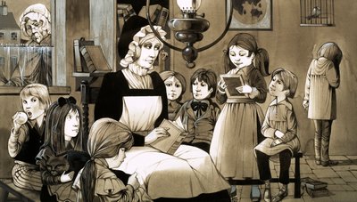 "Dame School" 1830-luvulta (guassi paperille). tekijältä Richard Hook